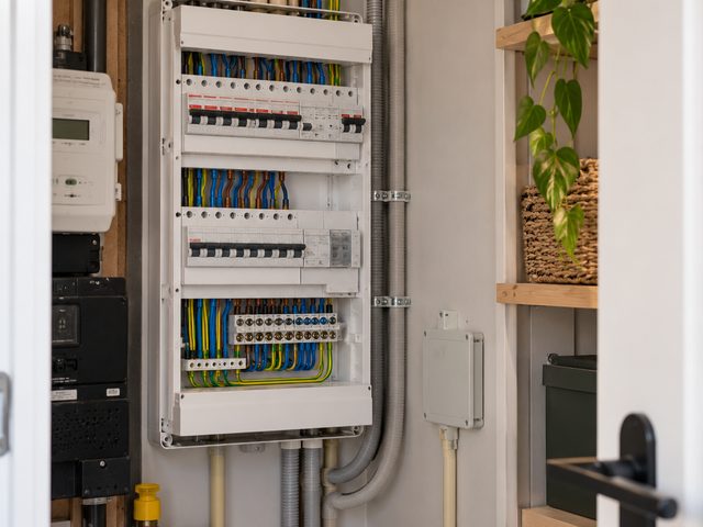 Open groepenkast in een meterkast, met drie rijen automaten, aardlekschakelaars en gekleurde bedrading