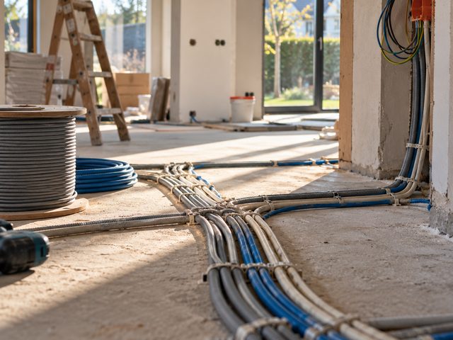 Bundels installatiebuis en kabel over de dekvloer van een woning in aanbouw, met een haspel ernaast