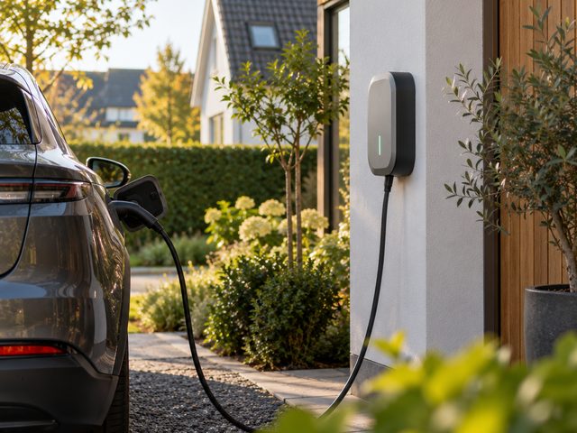 Laadpaal aan de gevel van een woning, met de laadkabel in een elektrische auto op de oprit