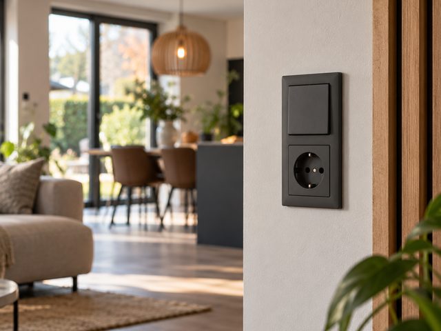 Zwarte schakelaar en wandcontactdoos op een witte wand, met een woonkamer op de achtergrond