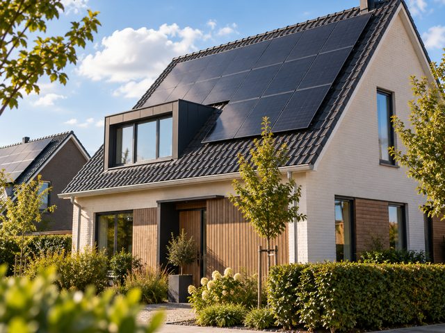 Zwarte zonnepanelen op het schuine dak van een woonhuis in de zon