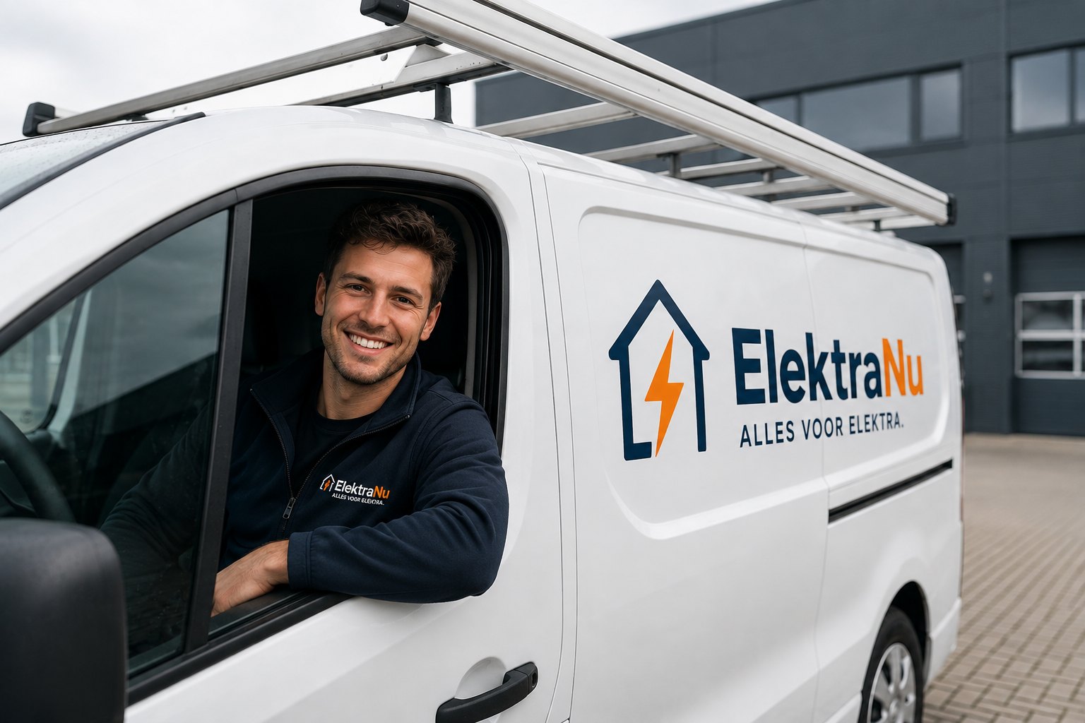 ElektraNu monteur in een bedrijfsbus met het ElektraNu-logo