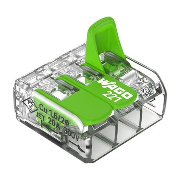 Wago 221 green 3-voudige lasklem, doorsnede 0.2-4mm2, 32A, 450V, met bedieningshendeltjes, transparant (per 100 stuks)