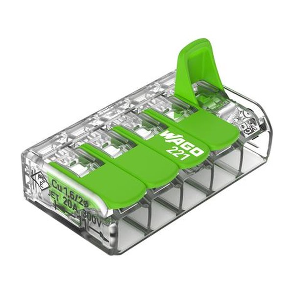 Wago 221 green 5-voudige lasklem, doorsnede 0.2-4mm2, 32A, 450V, met bedieningshendeltjes, transparant (per 100 stuks)