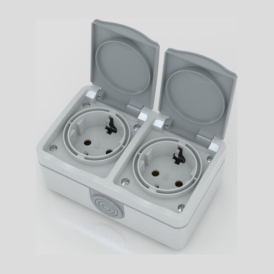 Wandcontactdoos dubbel IP54 16A Grijs