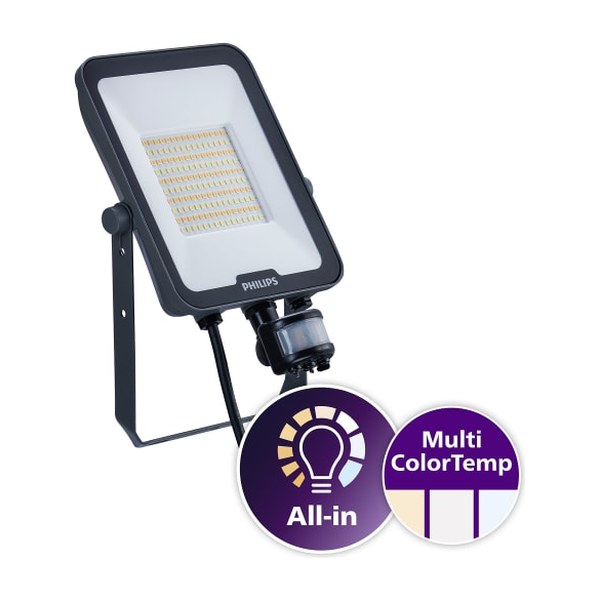Philips Ledinaire schijnwerper, 50W, 6000lm, 3000-6500K, CRI80, 110°x110°, opb., draaibaar, sensor, IP65, grijs, lxbxh 264x173x57mm