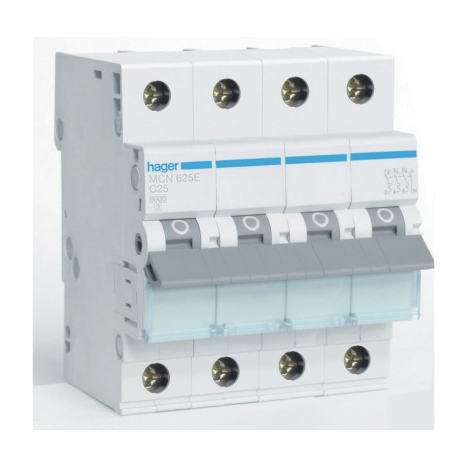 Hager MCN625E Installatieautomaat 3P+N 25 Ampere C-KAR 0kA 500V 4 MOD
