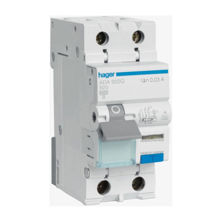 Hager ADA920G Aardlekautomaat 1P+N 20 Ampere B-KAR 6kA 0,03A 240V 2 MOD