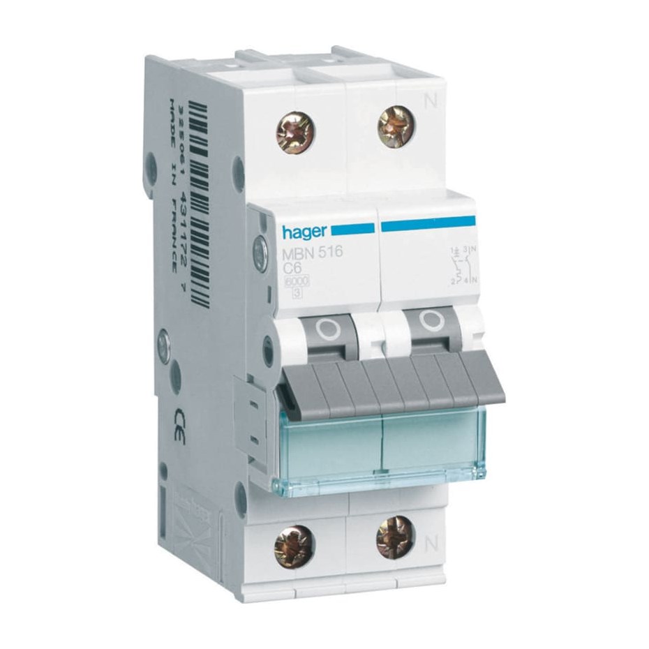 Hager MBN516E Installatieautomaat 1P+N 16 Ampere B-KAR 6kA 230V 2 MOD