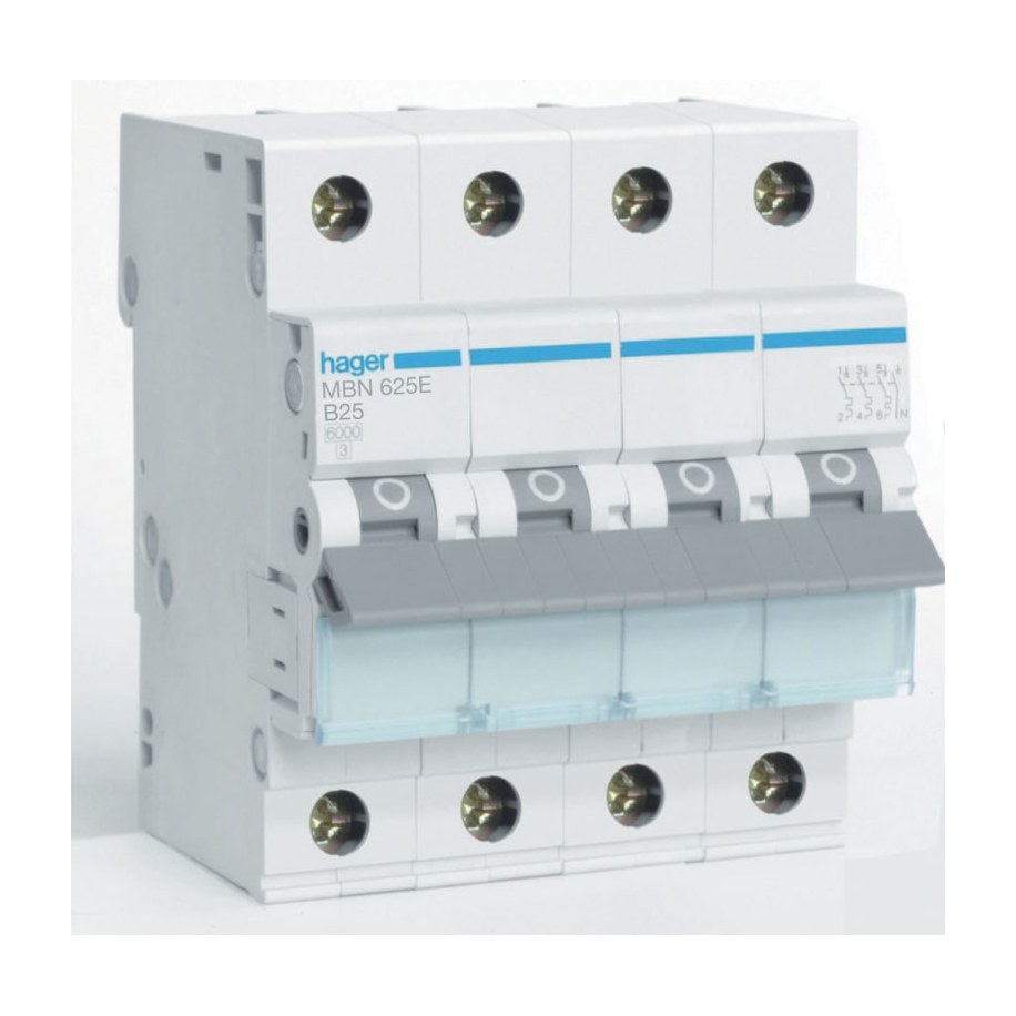 Hager MBN625E Installatieautomaat 3P+N 25 Ampere B-KAR 0kA 500V 4 MOD