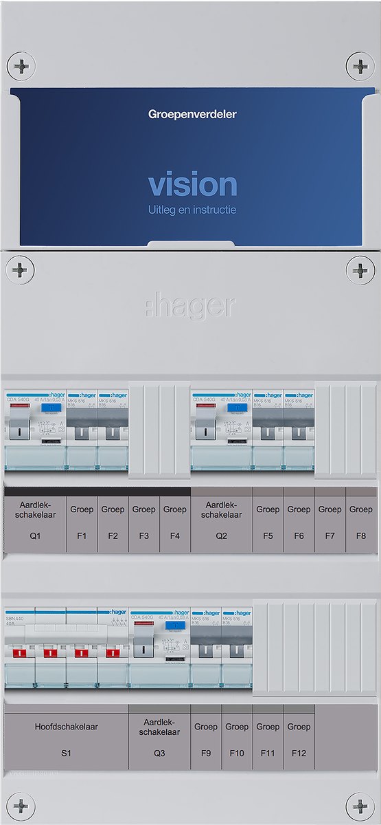 Hager Vision groepenkast 3-fase, 6 groepen, 3 aardlek, 40 A